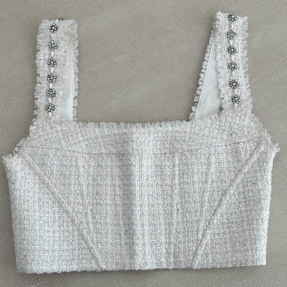 Alice and Olivia White Tweed Rhinestone Top